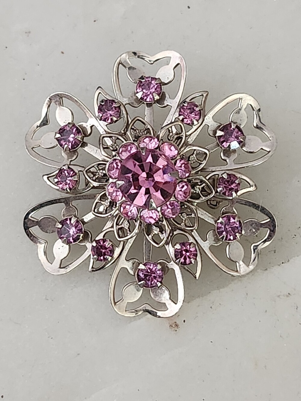 Stunning Pink Crystal Floral Statement Brooch - Silver Tone